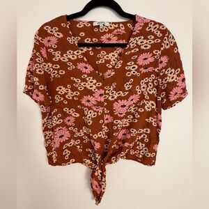 Madewell Tie-Front Top Womens L Brown Excellent Floral Daisy V-Neck Crop Blouse